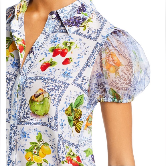ALICE + OLIVIA Willa Puff Sleeve Fruit Market Blouse Top Shirt Medium 100% Silk - Picture 16 of 16